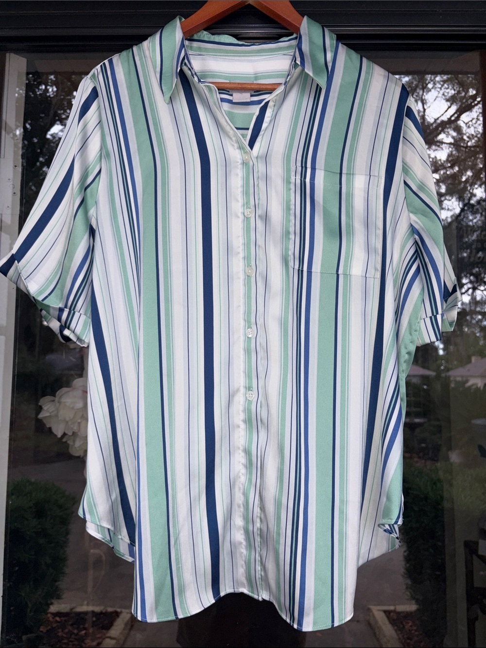 Chico’s Striped Satin Button Down Blouse - Picture 6 of 7